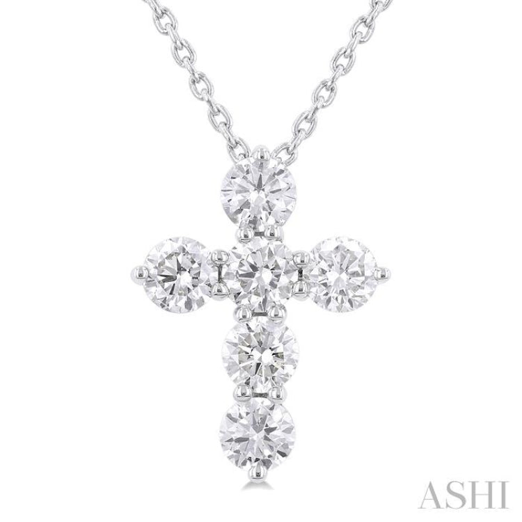 3/4 ctw Round Cut Diamond Christian Cross 6-Stone Fashion Pendant With Chain in 14K White Gold