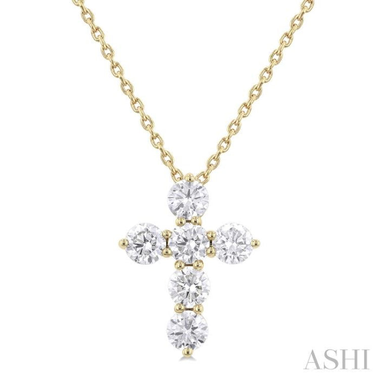 3/4 ctw Round Cut Diamond Christian Cross 6-Stone Fashion Pendant With Chain in 14K Yellow Gold