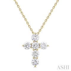 3/4 ctw Round Cut Diamond Christian Cross 6-Stone Fashion Pendant With Chain in 14K Yellow Gold
