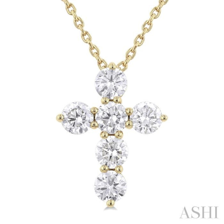 3/4 ctw Round Cut Diamond Christian Cross 6-Stone Fashion Pendant With Chain in 14K Yellow Gold