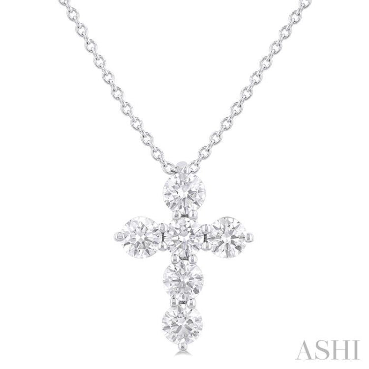 1/2 ctw Round Cut Diamond Christian Cross 6-Stone Fashion Pendant With Chain in 14K White Gold