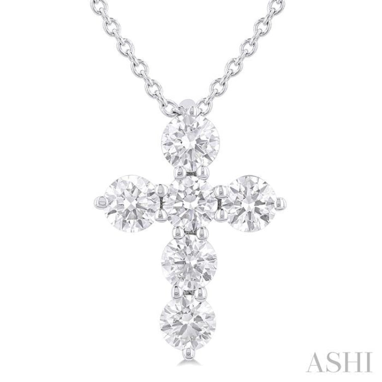 1/2 ctw Round Cut Diamond Christian Cross 6-Stone Fashion Pendant With Chain in 14K White Gold