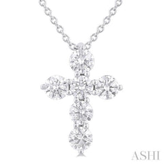 1/2 ctw Round Cut Diamond Christian Cross 6-Stone Fashion Pendant With Chain in 14K White Gold