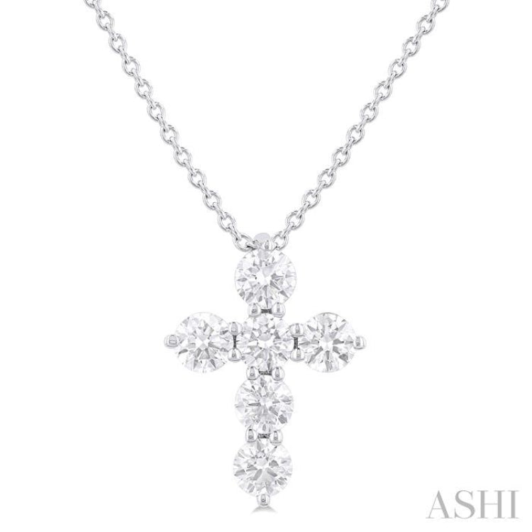 1/2 ctw Round Cut Diamond Christian Cross 6-Stone Fashion Pendant With Chain in 14K White Gold