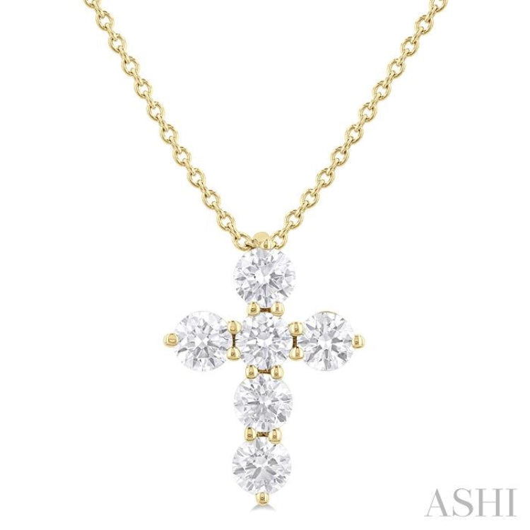 1/2 ctw Round Cut Diamond Christian Cross 6-Stone Fashion Pendant With Chain in 14K Yellow Gold