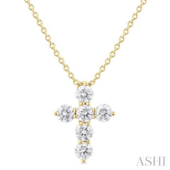 1/3 ctw Round Cut Diamond Christian Cross 6-Stone Fashion Pendant With Chain in 14K Yellow Gold