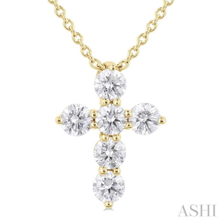 1/3 ctw Round Cut Diamond Christian Cross 6-Stone Fashion Pendant With Chain in 14K Yellow Gold