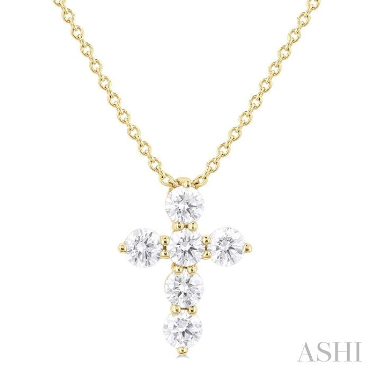 1/3 ctw Round Cut Diamond Christian Cross 6-Stone Fashion Pendant With Chain in 14K Yellow Gold