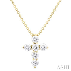 1/3 ctw Round Cut Diamond Christian Cross 6-Stone Fashion Pendant With Chain in 14K Yellow Gold
