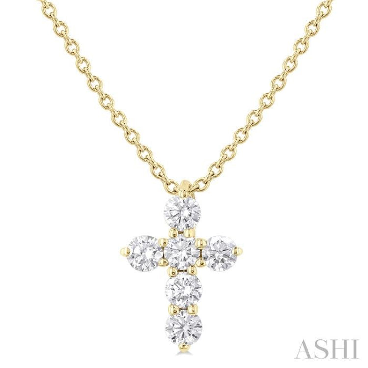 1/4 ctw Round Cut Diamond Christian Cross 6-Stone Fashion Pendant With Chain in 14K Yellow Gold
