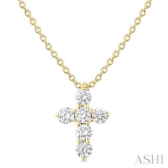 1/4 ctw Round Cut Diamond Christian Cross 6-Stone Fashion Pendant With Chain in 14K Yellow Gold