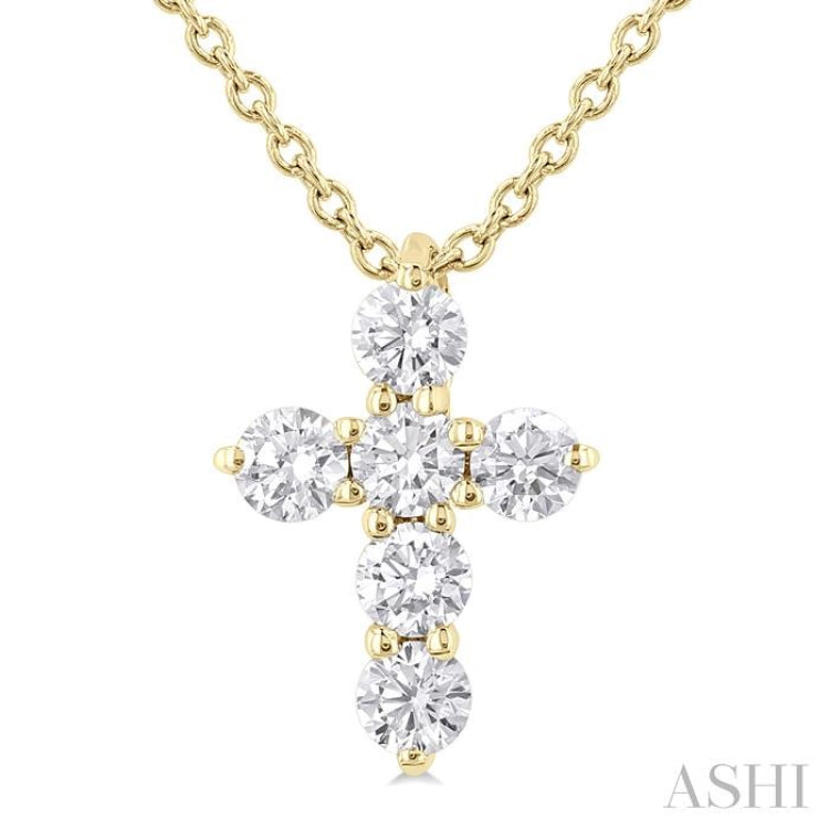 1/4 ctw Round Cut Diamond Christian Cross 6-Stone Fashion Pendant With Chain in 14K Yellow Gold