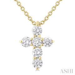 1/4 ctw Round Cut Diamond Christian Cross 6-Stone Fashion Pendant With Chain in 14K Yellow Gold