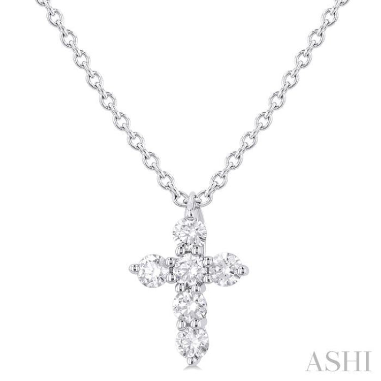 1/6 ctw Round Cut Diamond Christian Cross 6-Stone Fashion Pendant With Chain in 14K White Gold