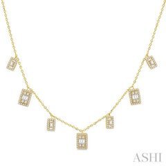 1/2 ctw Rectangular Shaped Danglers Fusion Baguette and Round Cut Diamond Station Necklace in 10K Yellow Gold
