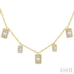 1/2 ctw Rectangular Shaped Danglers Fusion Baguette and Round Cut Diamond Station Necklace in 10K Yellow Gold