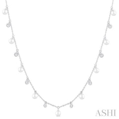 4 MM Round Shape Cultured Pearl and 1/4 ctw Round Cut Diamond Station Necklace in 14K White Gold