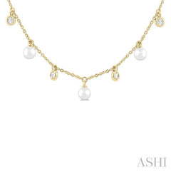 4 MM Round Shape Cultured Pearl and 1/4 ctw Round Cut Diamond Station Necklace in 14K Yellow Gold
