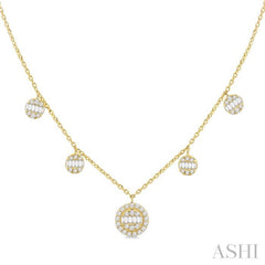 3/8 ctw Circular Shaped Danglers Fusion Baguette and Round Cut Diamond Station Necklace in 10K Yellow Gold