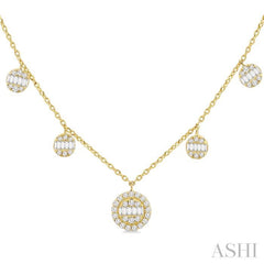 3/8 ctw Circular Shaped Danglers Fusion Baguette and Round Cut Diamond Station Necklace in 10K Yellow Gold