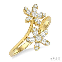 1/3 ctw Petite Floral Bypass Baguette and Round Cut Diamond Fashion Ring in 10K Yellow Gold