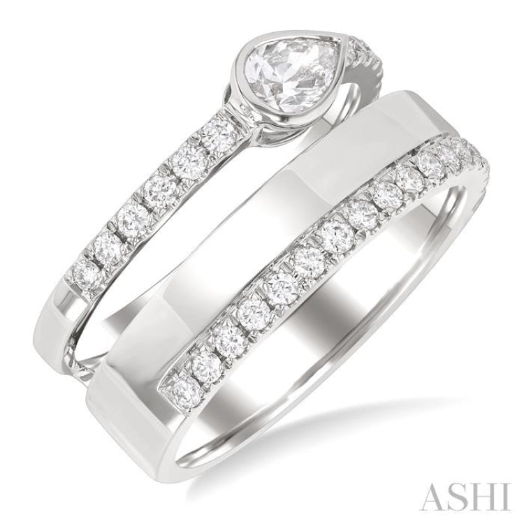 3/4 ctw Split Twin Row Bezel Set Pear and Round Cut Diamond Fashion Ring in 14K White Gold