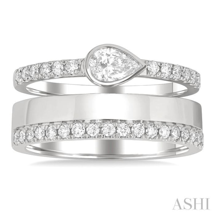 3/4 ctw Split Twin Row Bezel Set Pear and Round Cut Diamond Fashion Ring in 14K White Gold