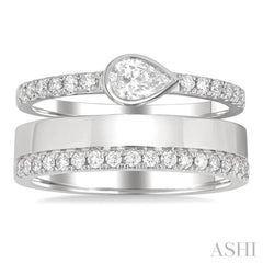 3/4 ctw Split Twin Row Bezel Set Pear and Round Cut Diamond Fashion Ring in 14K White Gold